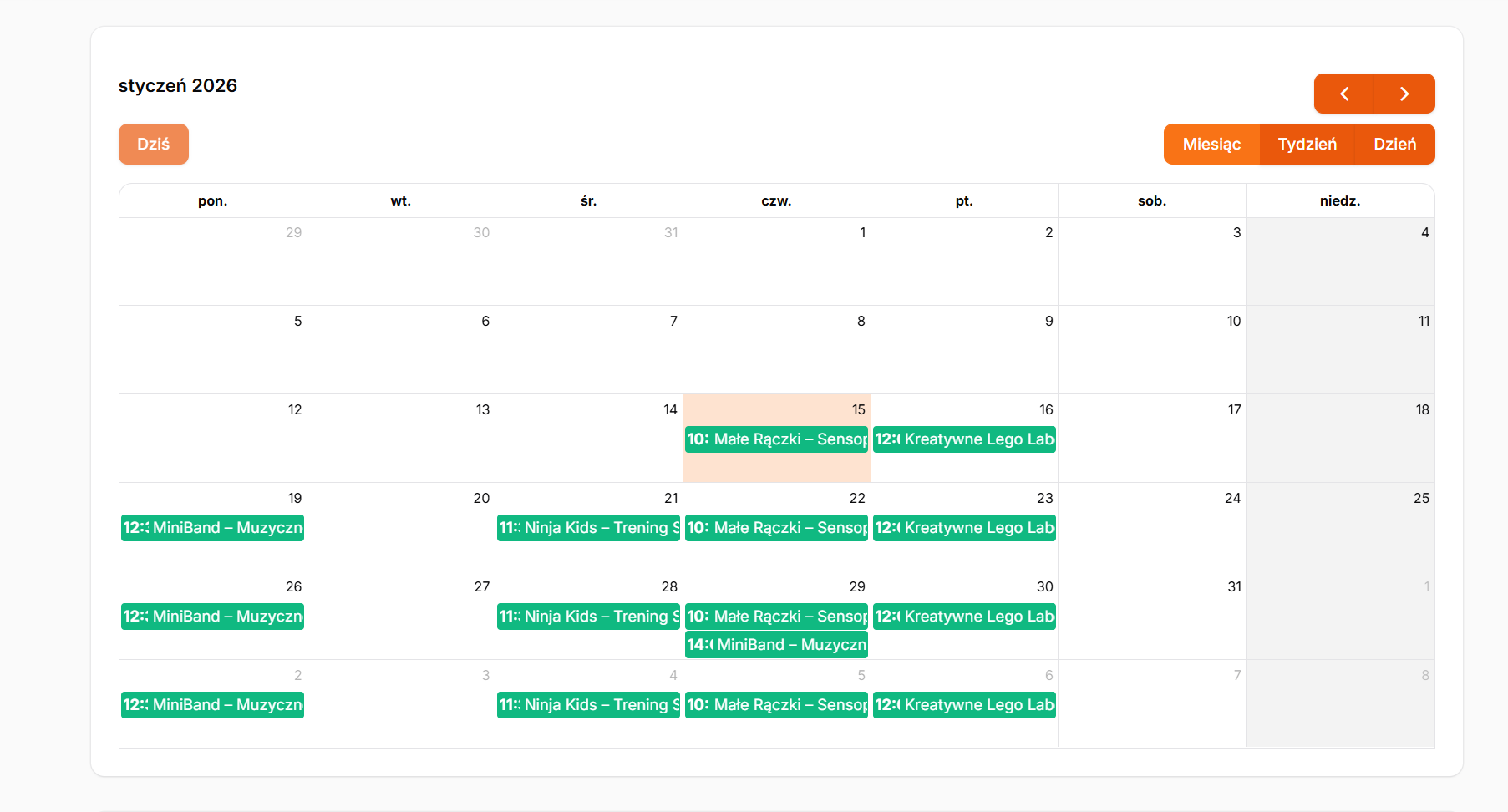 Screenshot wypełnionego kalendarza z rezerwacjami