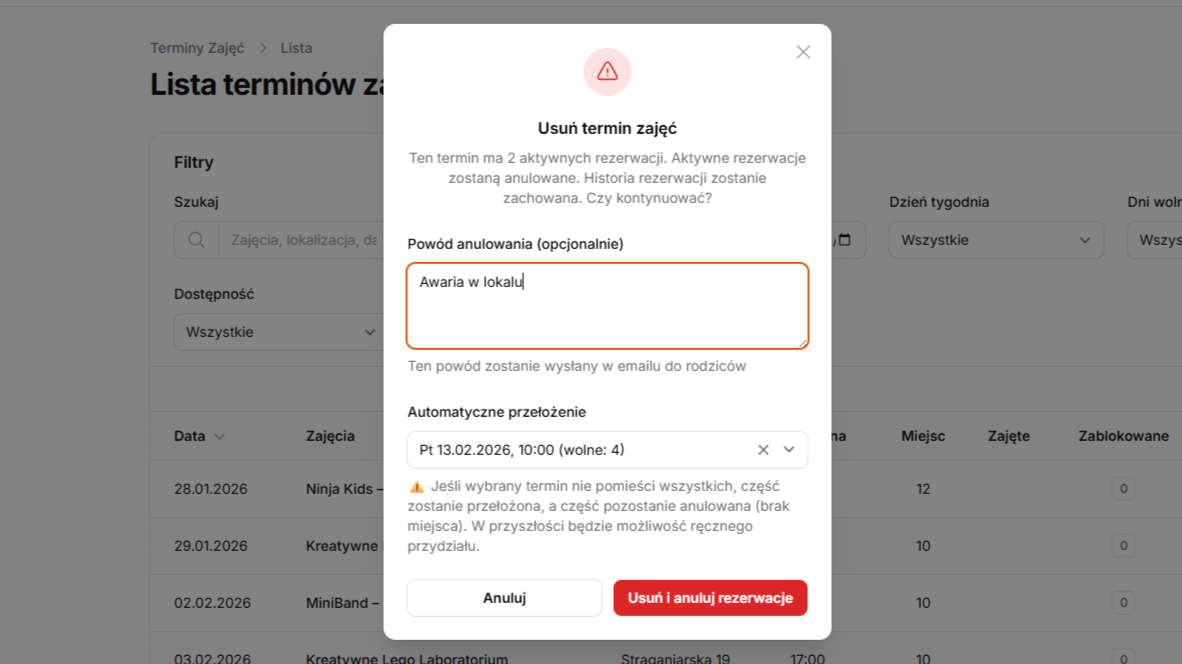 Odwoływanie terminu w panelu