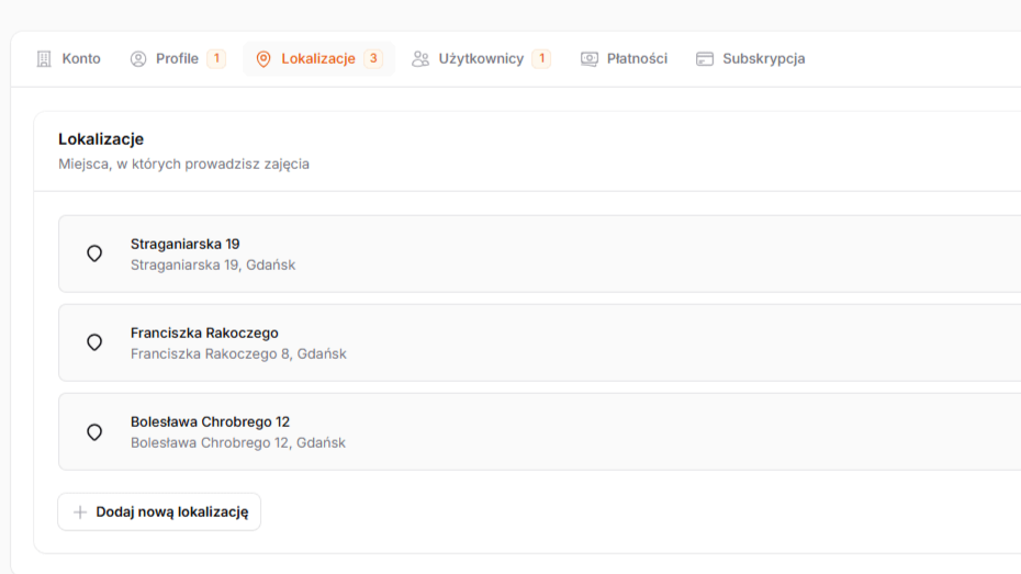 Lista lokalizacji w panelu organizatora