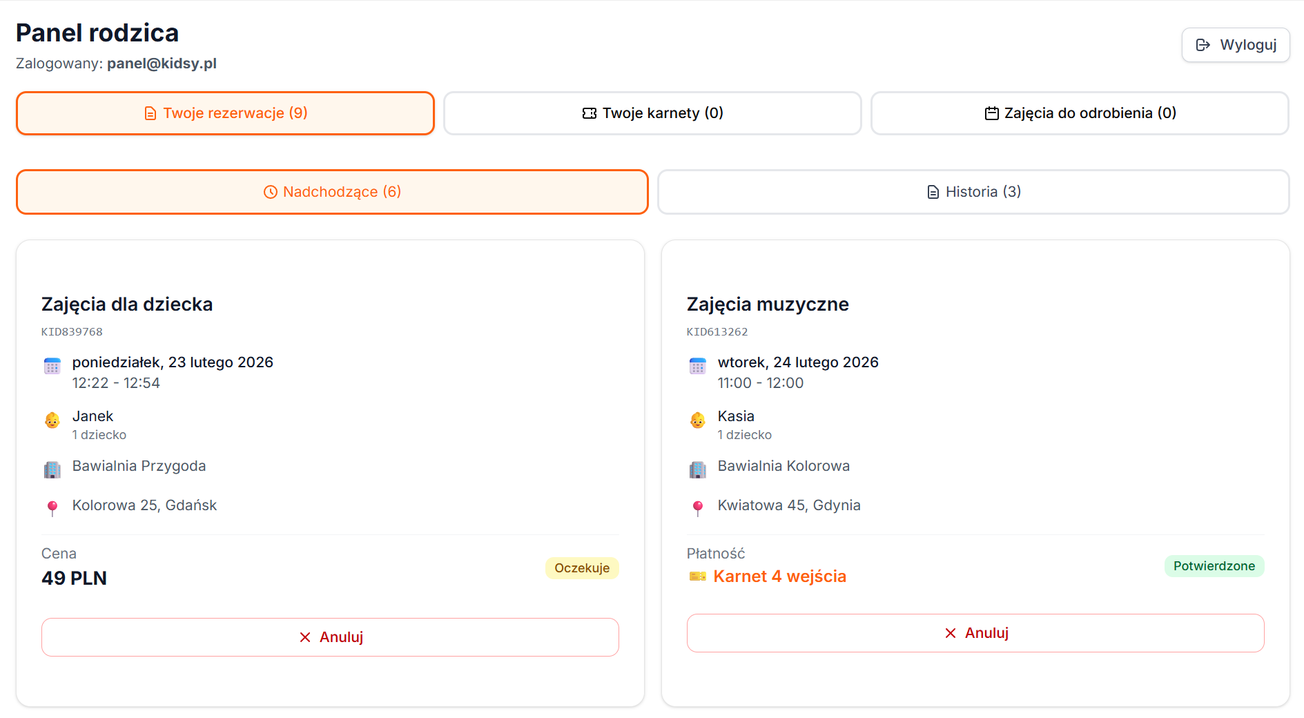 Panel rodzica z listą rezerwacji