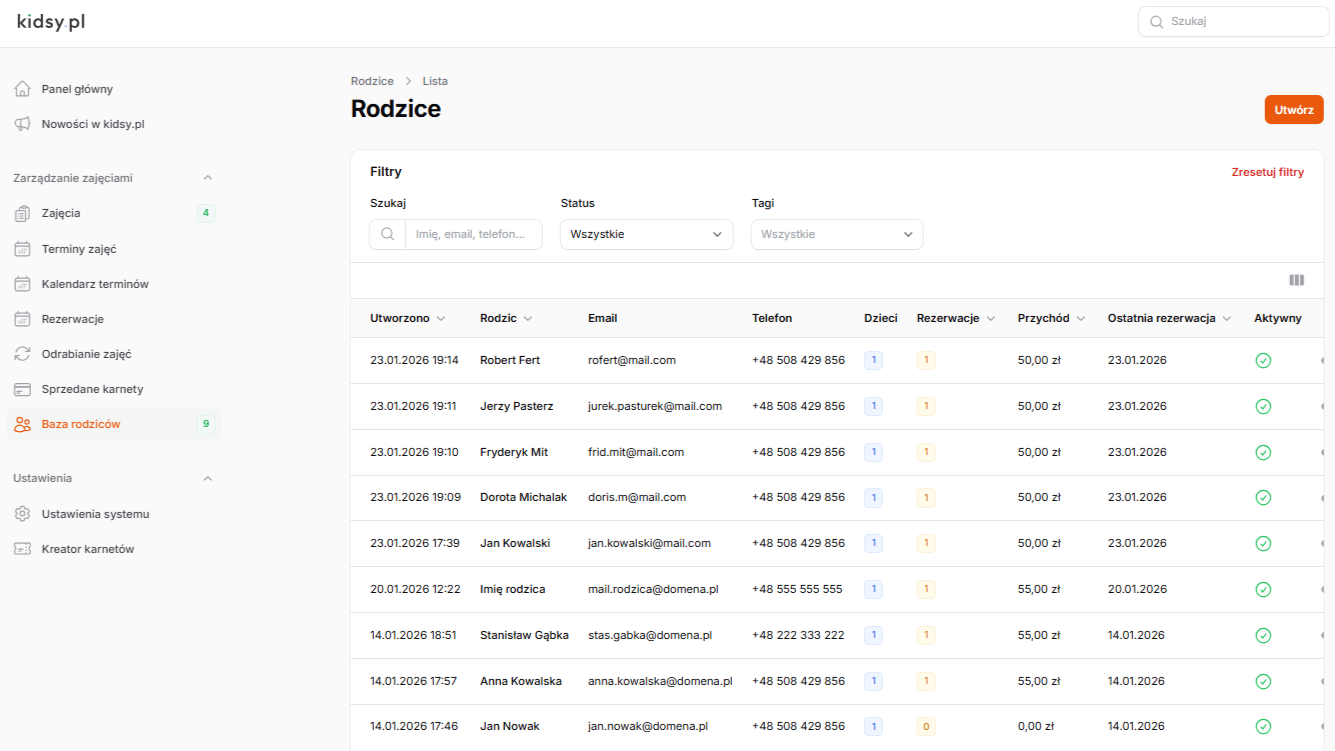 Lista rodziców w panelu CRM