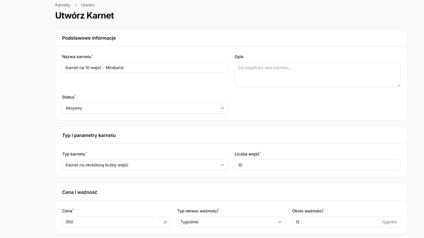 Kreator karnetu w panelu organizatora
