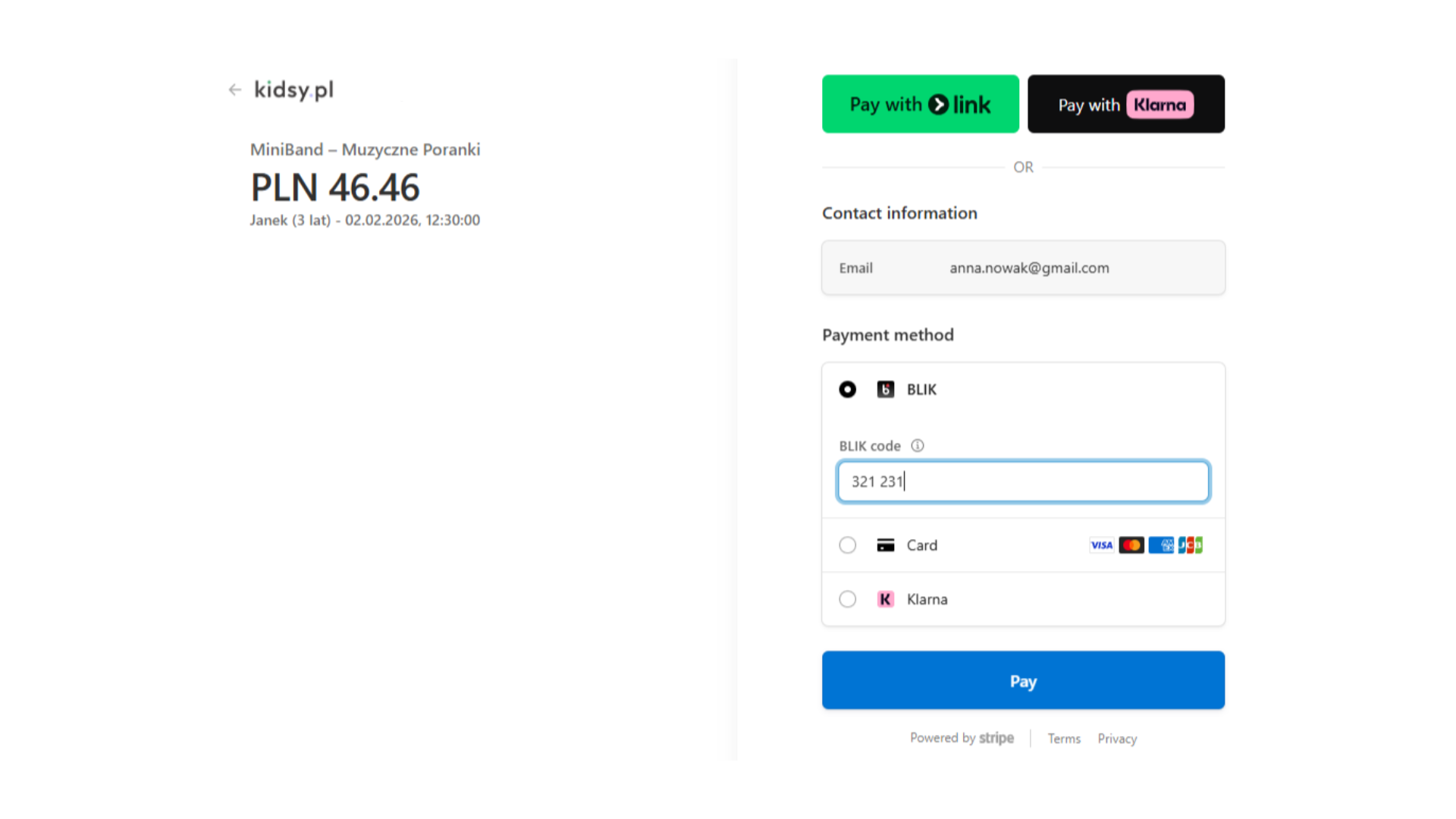 Proces płatności online przez rodzica
