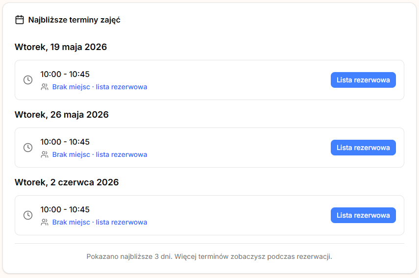 Widok publiczny: terminy zajęć z możliwością dołączenia do listy rezerwowej